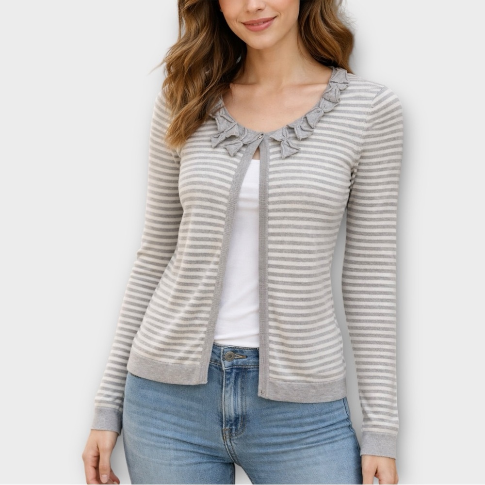 Boden Gray & White Striped Ruffle Bow Cardigan Sweater Women’s Size S